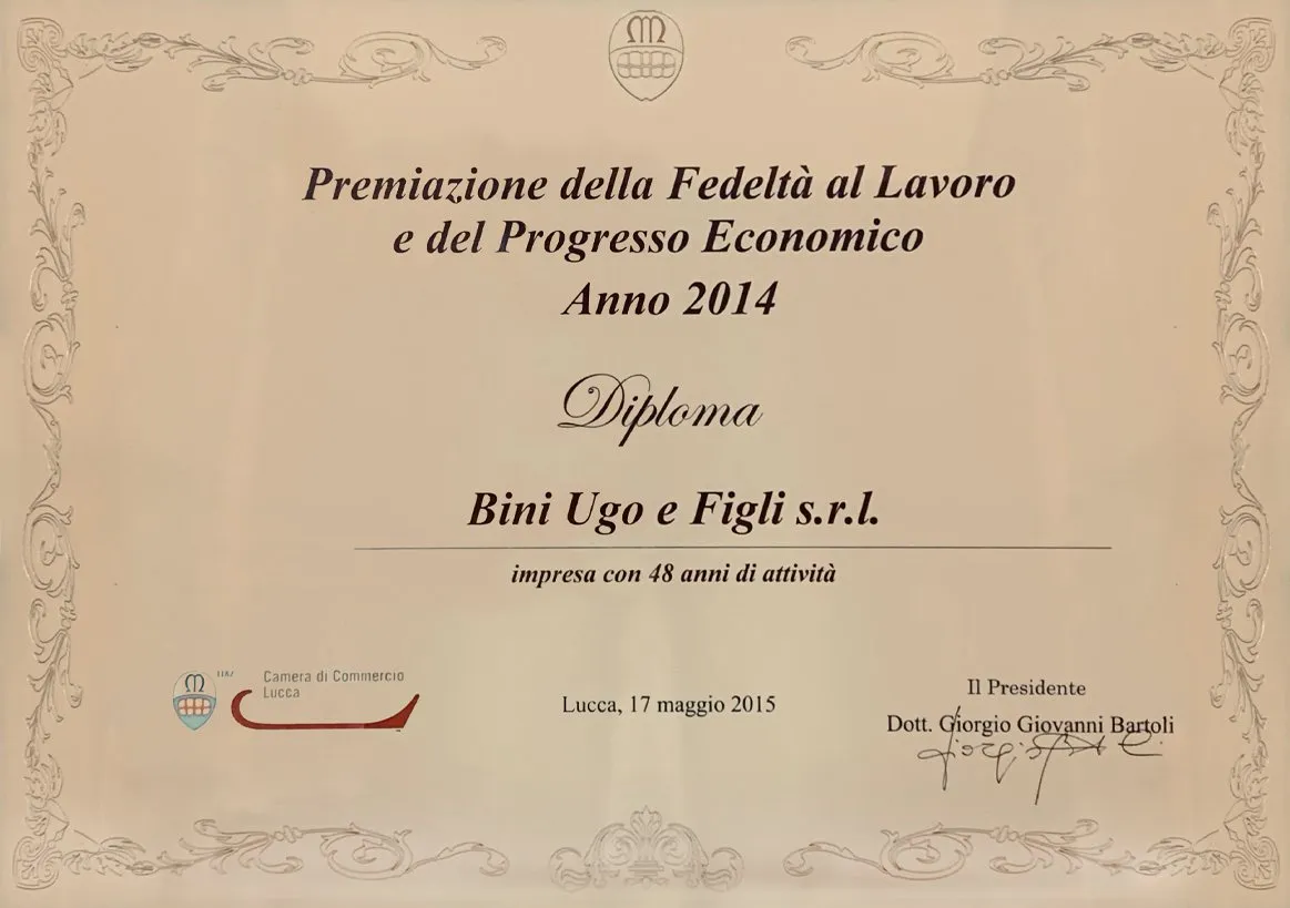 Diploma della Premiazione della Fedeltà al Lavoro e del Progresso Economico, anno 2014